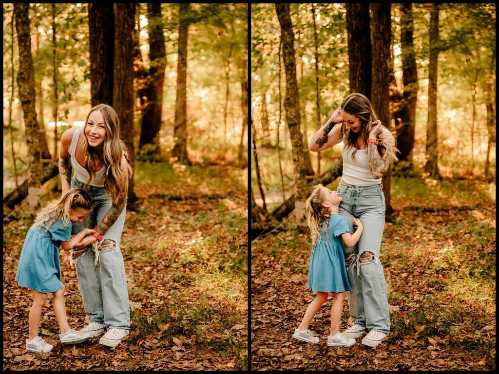 Two side-by-side photos show a woman in a white tank top and ripped jeans laughing and playing with a young girl in a blue dress during their Together Session with a Nashville Family Photographer, surrounded by sunlit trees and fallen leaves.