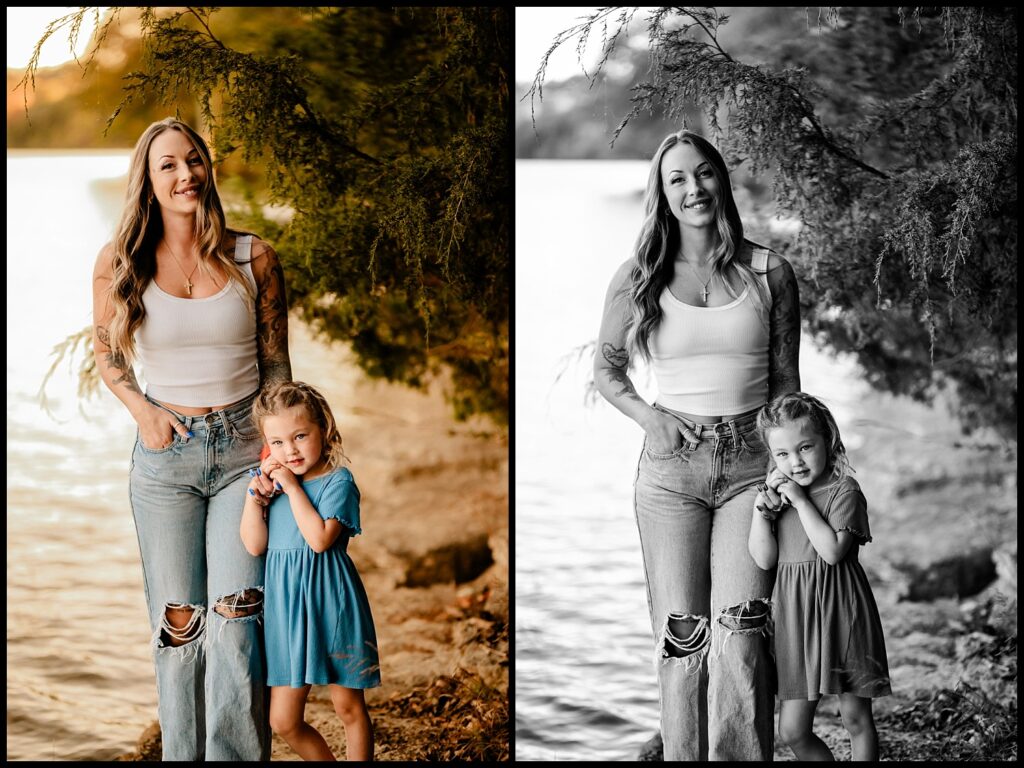 A woman in a white tank top and ripped jeans stands by the water with a young girl in a blue dress holding her hand. Captured by a Nashville Family Photographer, both smile in color and black-and-white images—perfect for Together Sessions.