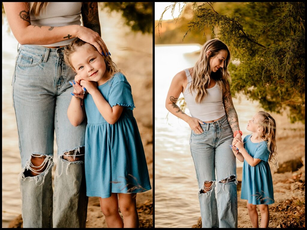 Two side-by-side photos of a woman in a white tank top and ripped jeans by a lake with a young girl in a blue dress, smiling warmly and holding hands under green trees, captured by a Nashville Family Photographer during a Together Session.