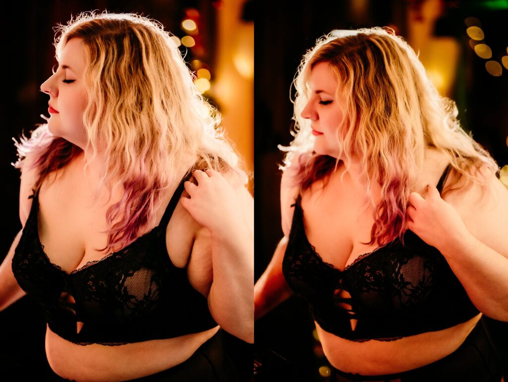 A woman with wavy blonde hair and purple tips, wearing a black lace bralette, poses in moody warm lighting during a Nashville Boudoir Session. The image is split into two similar portraits as she looks to the side and touches her shoulder.