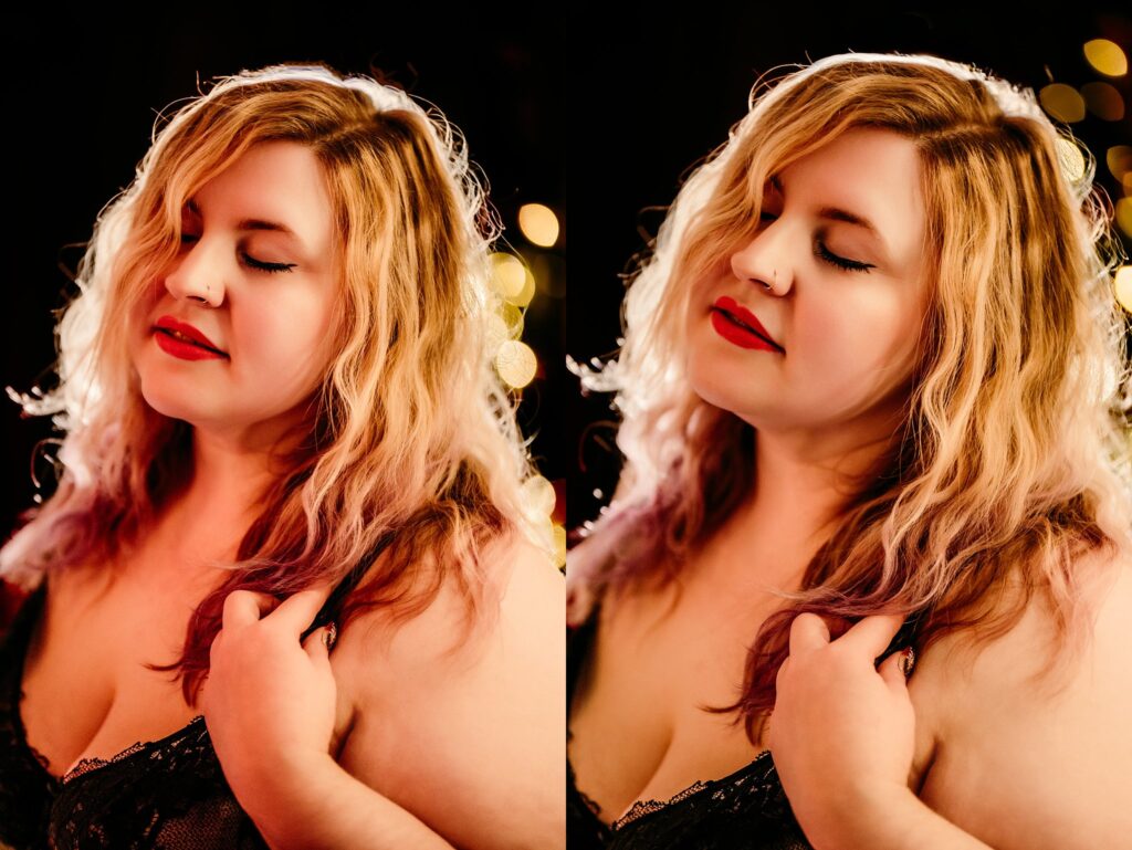 Side-by-side images of a woman with wavy blonde hair and red lipstick, eyes closed, wearing black lace lingerie, softly holding her hair at a Nashville Boudoir Pop-Up Studio, with warm, blurred lights in the background.