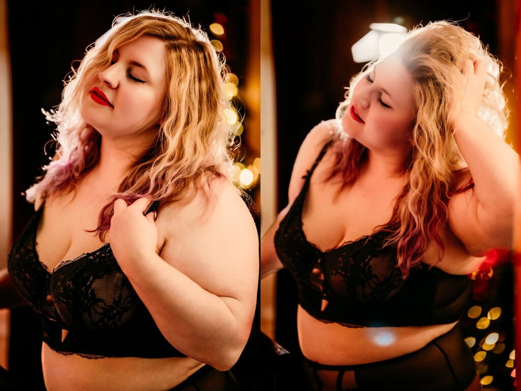 Two side-by-side photos of a woman with wavy blond hair wearing black lace lingerie, posing confidently at a Nashville Boudoir Pop-Up Studio with soft lighting and blurred golden lights in the background.