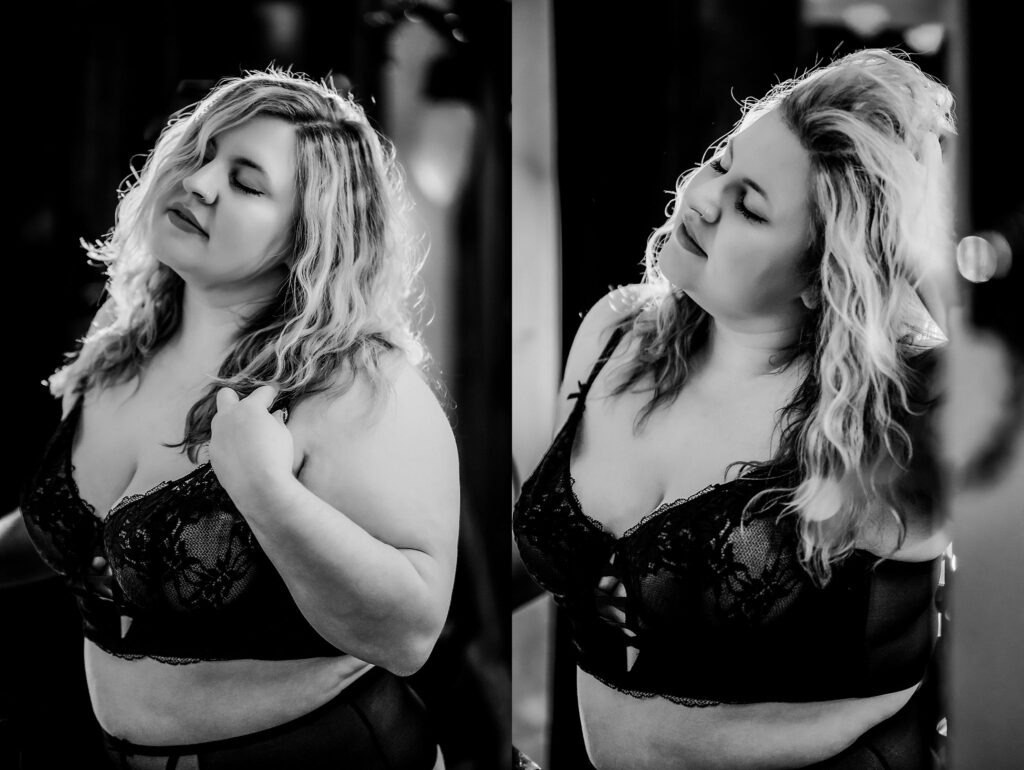 Black and white photo featuring a woman with long, wavy hair in lace lingerie, posing confidently and smiling softly with her eyes closed. The image, from a Nashville Boudoir session, is split into two similar side-by-side portraits.