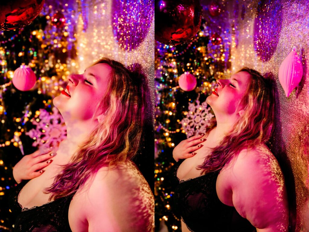 A woman with long blonde hair leans against a glittery wall, eyes closed and smiling, surrounded by colorful holiday lights and ornaments—capturing the magic of a Vintage Christmas Studio in two vibrant, festive side-by-side shots.