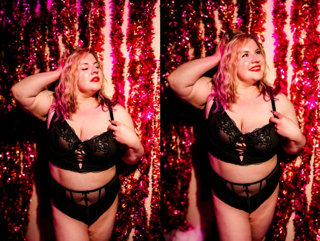 A woman with wavy blonde hair poses confidently in black lingerie during a Vintage Christmas Studio boudoir session. Against a shimmering red and pink tinsel backdrop, she smiles warmly in one shot and looks relaxed with closed eyes in another.