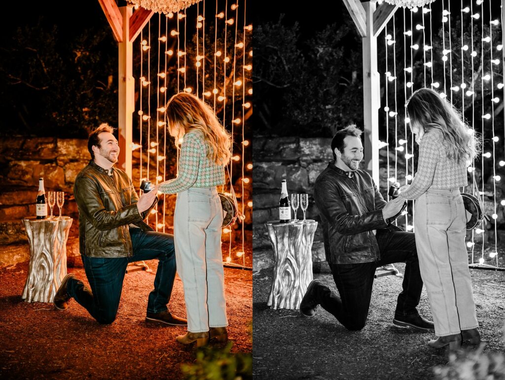 A man kneels to propose to a woman outdoors at night under string lights and a decorated arch at Cheekwood. A proposal photographer captures the moment, with champagne and glasses on a table beside them. The image is split into color and black-and-white.