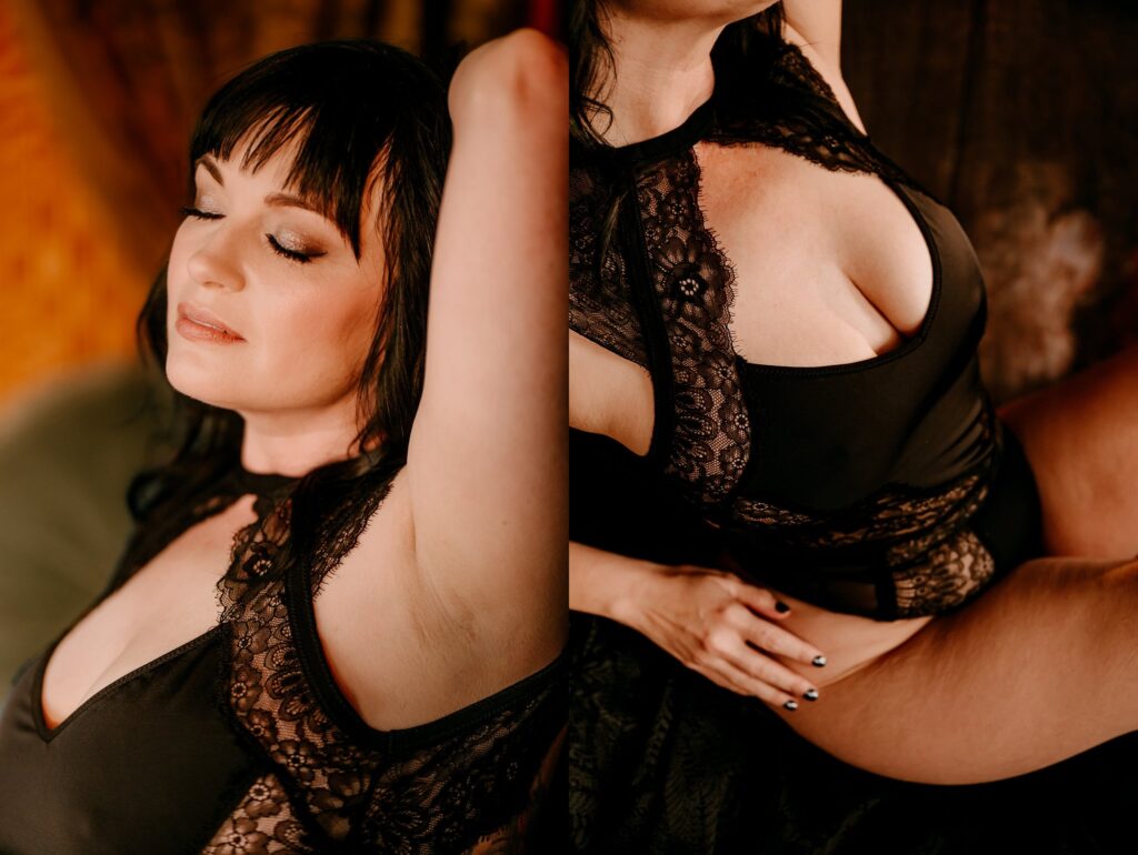 A woman in a black lace bodysuit poses confidently in two close-up shots, captured with warm, intimate lighting—an elegant example of Nashville Boudoir Photography. One image shows her arms raised and eyes closed; the other, her hand resting on her thigh.