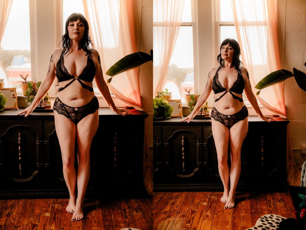 A woman with dark hair stands barefoot indoors, wearing black lace lingerie, in front of tall windows with sheer curtains and potted plants. This elegant Nashville Boudoir Photography image shows her in two similar poses side by side.
