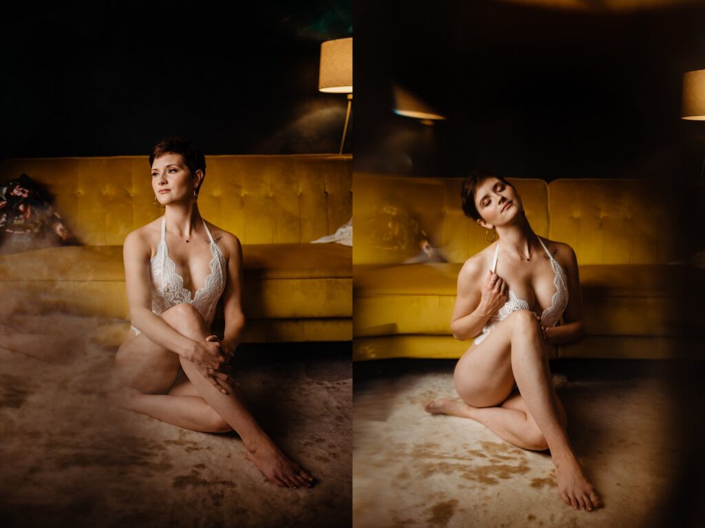 A woman in white lace bridal boudoir lingerie poses on her knees on a rug before a yellow sofa. The warmly lit room highlights her thoughtful expression in both side-by-side images.
