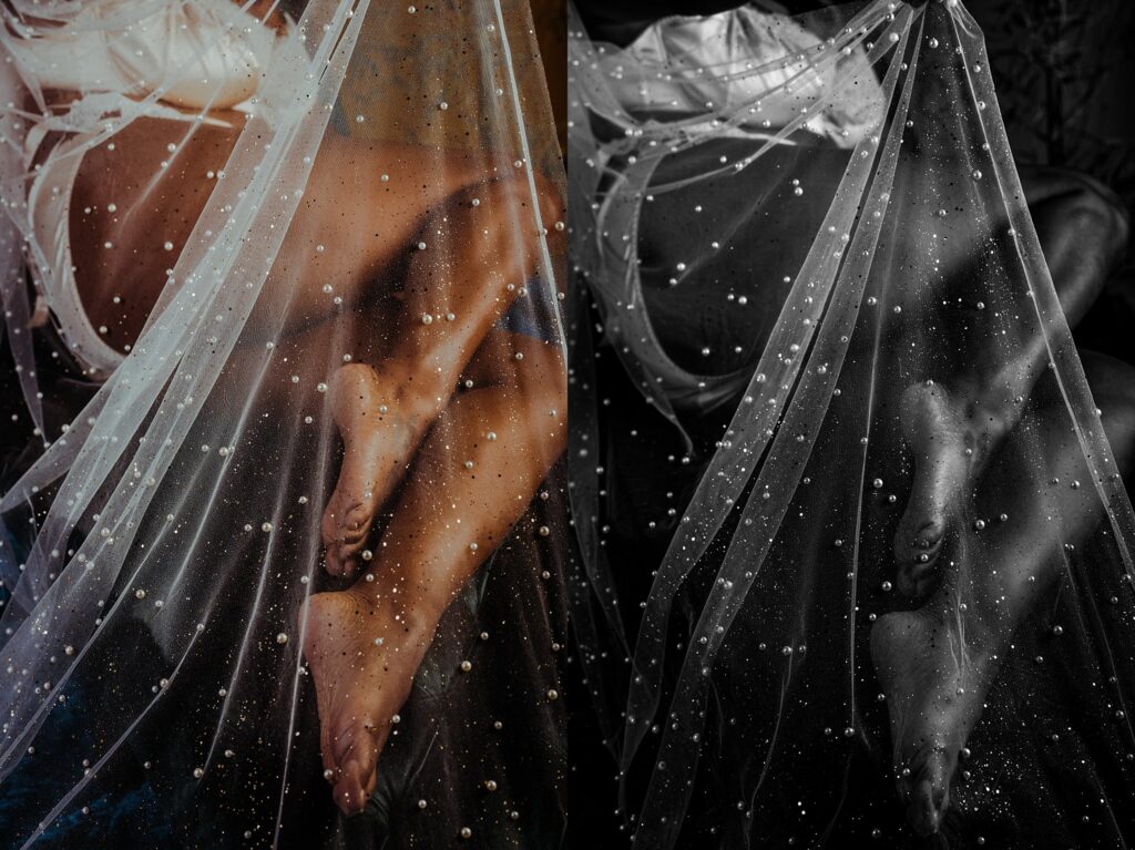 A person’s legs and feet, partially covered by sheer, beaded fabric, are shown in two side-by-side images—one in color and one in black and white—creating a dreamy, artistic bridal boudoir effect.