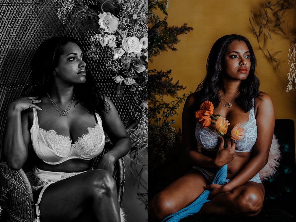 A woman in bridal boudoir lingerie poses in two settings: on the left, she sits on a wicker chair with floral decor in black and white; on the right, she holds orange flowers against a mustard yellow background in color.