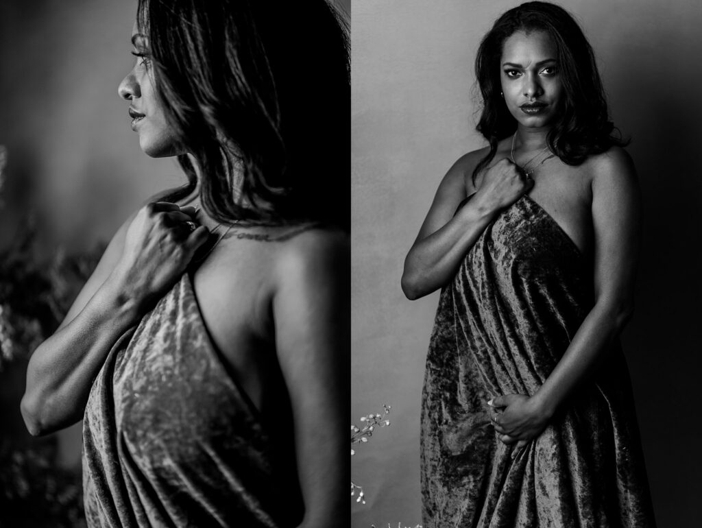 Black and white diptych of a woman with long hair wrapped in velvet. Evoking a bridal boudoir mood, the left image shows her in profile; on the right, she faces forward, gazing at the camera and holding the fabric closed.