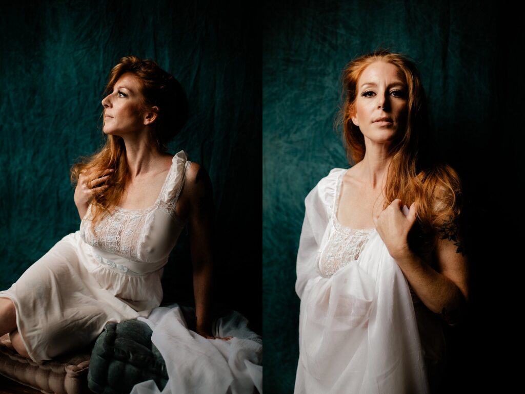 A woman with long red hair wearing a white, lacy bridal boudoir dress poses in two portraits against a dark green textured background. In one, she looks to the side; in the other, she gazes directly at the camera, holding her dress.