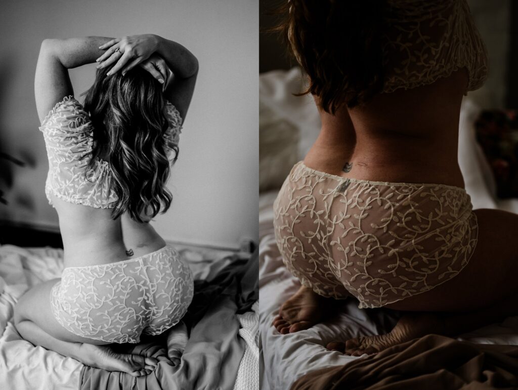 Split image of a woman with long hair in sheer, embroidered bridal boudoir lingerie, posing on a bed; left side in black and white with arms raised, right side in color revealing her back and tattoo.
