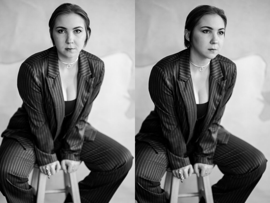 Black-and-white photo by a Nashville creative portrait photographer: A woman in a pinstripe suit sits on a stool, gazing intently at the camera. The image appears twice, side by side, each showing subtle shifts in angle and expression.