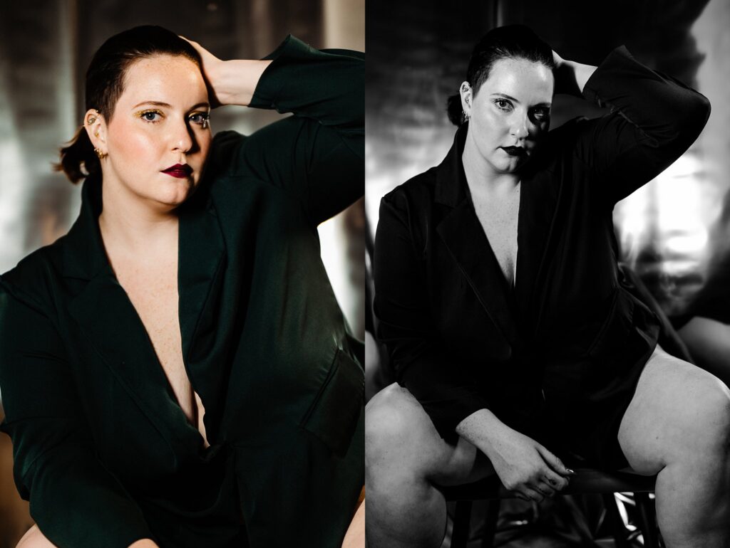 A person with short dark hair poses confidently in a blazer, sitting on a stool. Captured by a Nashville creative portrait photographer, the left side pops with bold makeup in color, while the right side mirrors it in striking black and white.