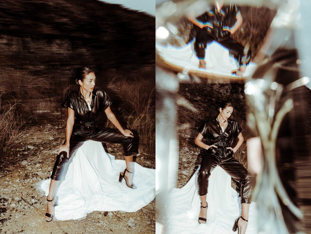 A woman in black leather and heels sits on a white cloth-draped chair outdoors. Captured by a Nashville creative portrait photographer, the left shows her in full; the right reveals an artistic, fragmented reflection of the scene.