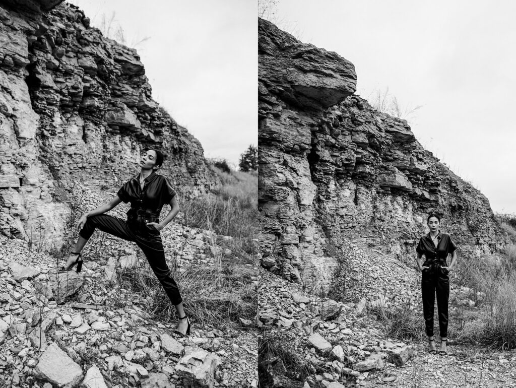 A woman in a black outfit and heels poses confidently on rocky terrain beside a jagged stone cliff in a black and white split image, showcasing the dramatic style of a Nashville creative portrait photographer.