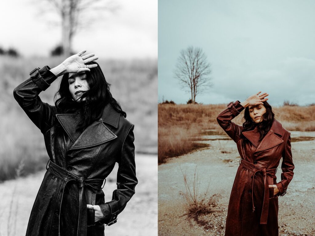 A woman in a long trench coat stands outdoors with one hand raised to her forehead. Captured by a Nashville creative portrait photographer, the left side is a black-and-white close-up; the right shows her full body in color against bare trees.