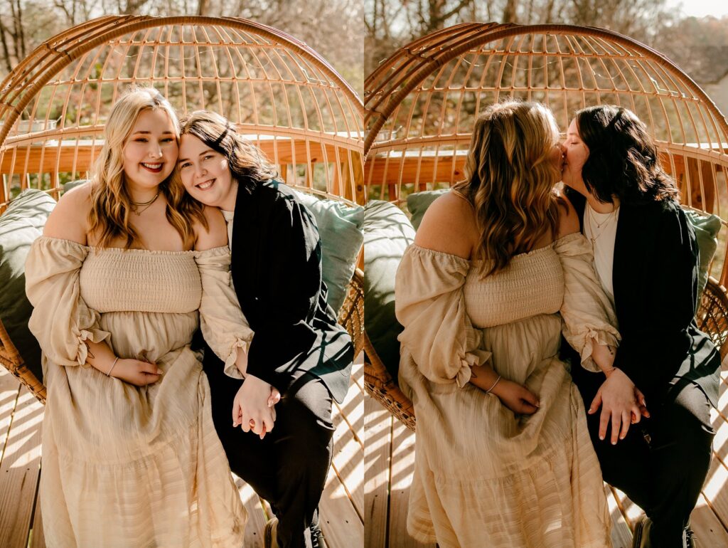 Two women sit close together on a wicker bench outdoors. Captured by a Nashville wedding photographer, they smile at the camera in one image and share a kiss in the next—one in an off-shoulder cream dress, the other in a black jacket and pants.