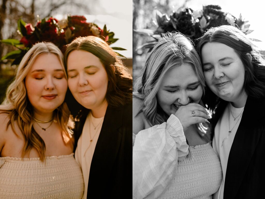 Two women stand close together, eyes closed and smiling warmly. The left side is in color; the right is black and white—a joyful, intimate moment outdoors captured by a Nashville wedding photographer. One has her hand near her mouth as they share a laugh.