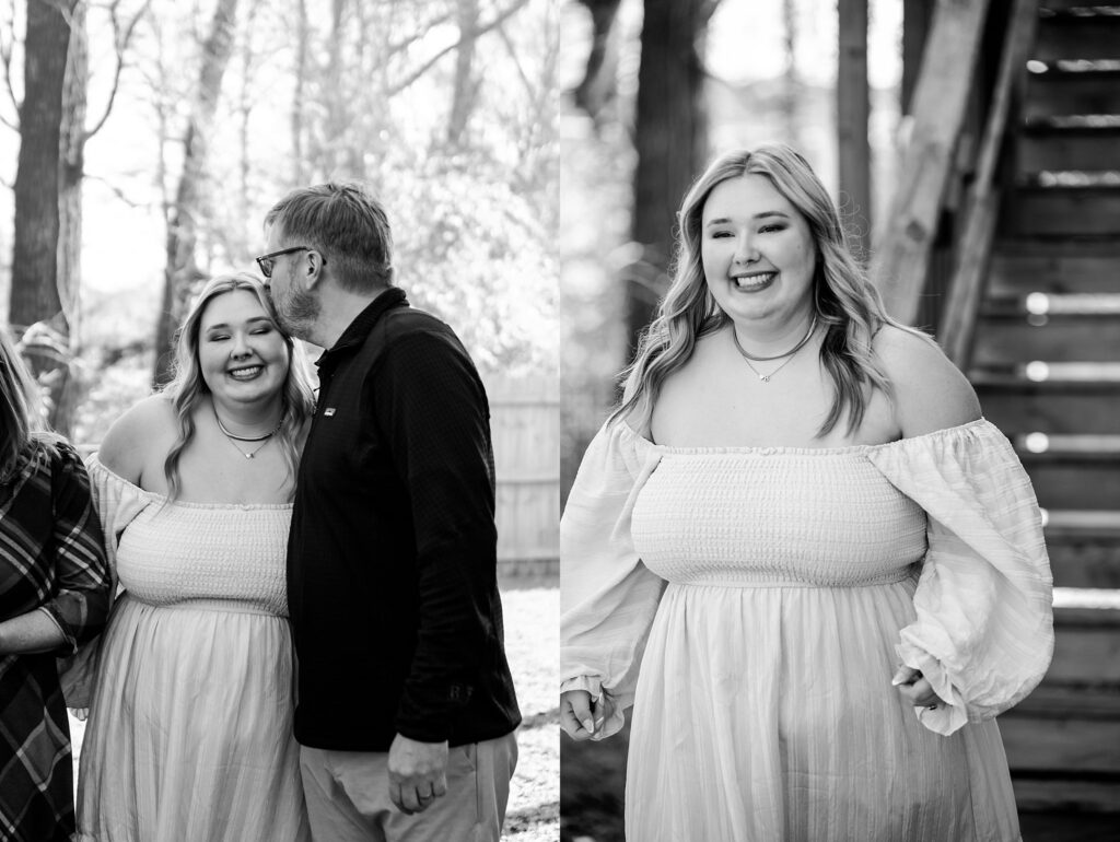 Two black-and-white photos by a Nashville wedding photographer: On the left, a smiling woman in an off-shoulder dress stands beside a man outdoors. On the right, she smiles directly at the camera near a staircase and trees.