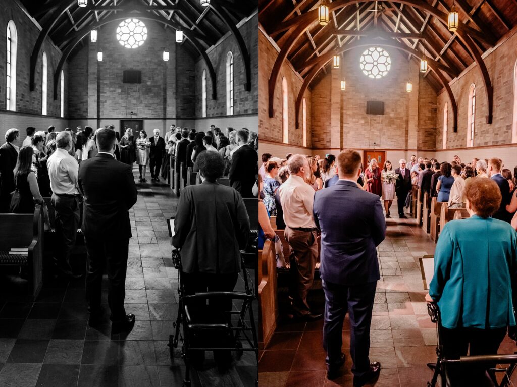 A side-by-side comparison of a wedding ceremony in a church, captured by a Nashville wedding photographer, with one half in black and white and the other in color. Guests stand in pews, facing the couple at the altar under high arched ceilings.