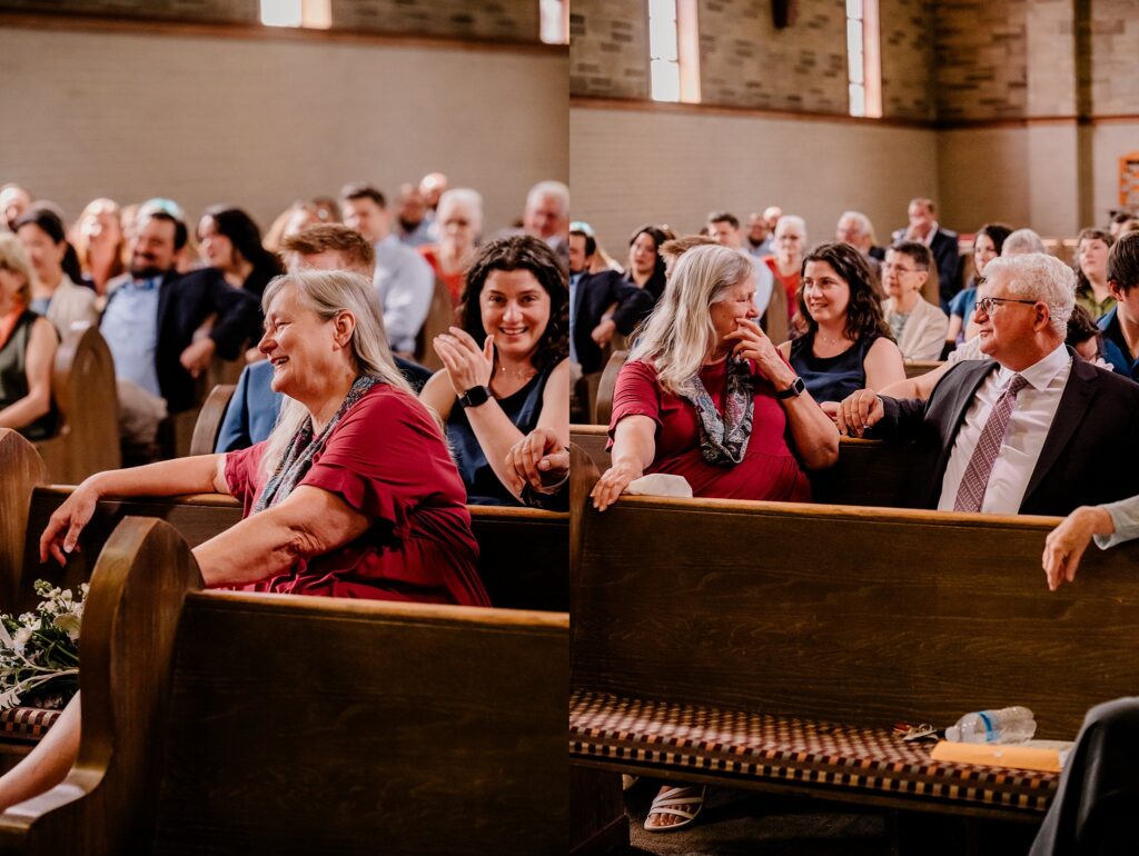 Two side-by-side photos of people in a church pew, smiling and interacting, with a crowd of guests in the background. Captured by a Nashville wedding photographer, the joyful atmosphere suggests a wedding or special event.
