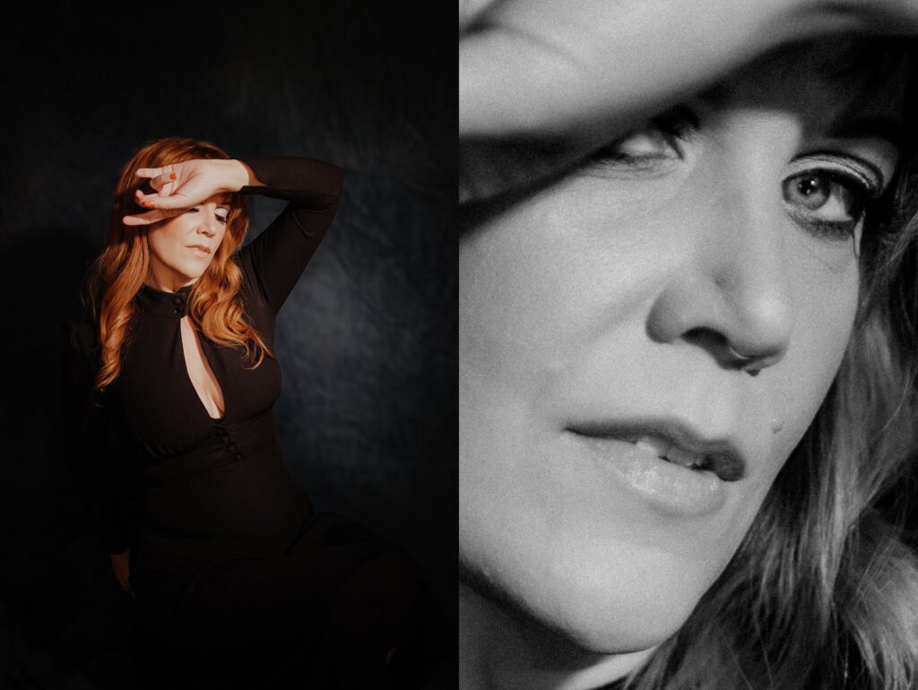A woman with long hair in a black dress sits against a dark background, shielding her eyes; the right side shows a close-up of her face in black and white—capturing the emotive style of a Nashville creative portrait photographer.