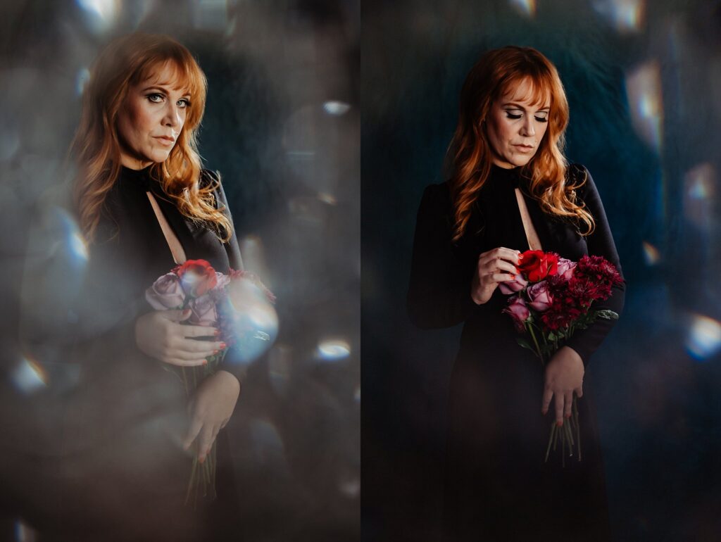 A woman with long red hair in a black dress holds a bouquet of colorful flowers, standing against a dark, blurred background in two artistic portraits by a Nashville creative portrait photographer.