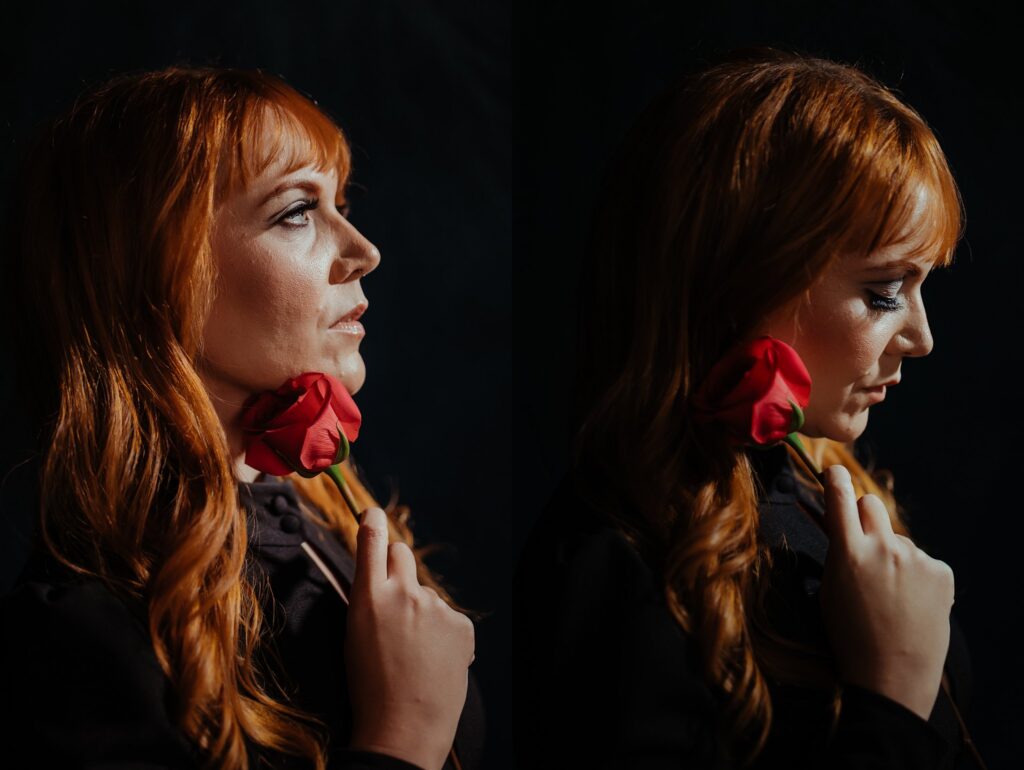 Side-by-side portraits by a Nashville creative portrait photographer feature a woman with long red hair holding a red rose near her chin, looking contemplative against a dark background with dramatic lighting.