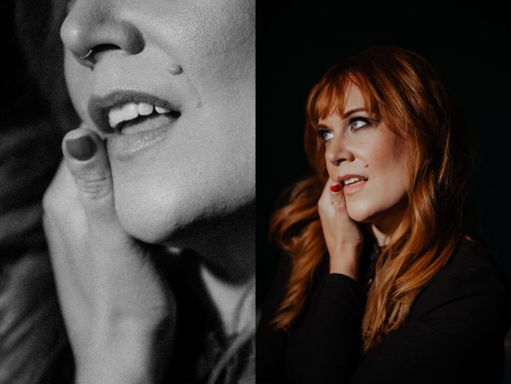 Split image: left side is a black-and-white close-up of a woman's lips, hand, and nose ring; right side features a woman with red hair touching her face in dramatic lighting—captured by a Nashville creative portrait photographer.