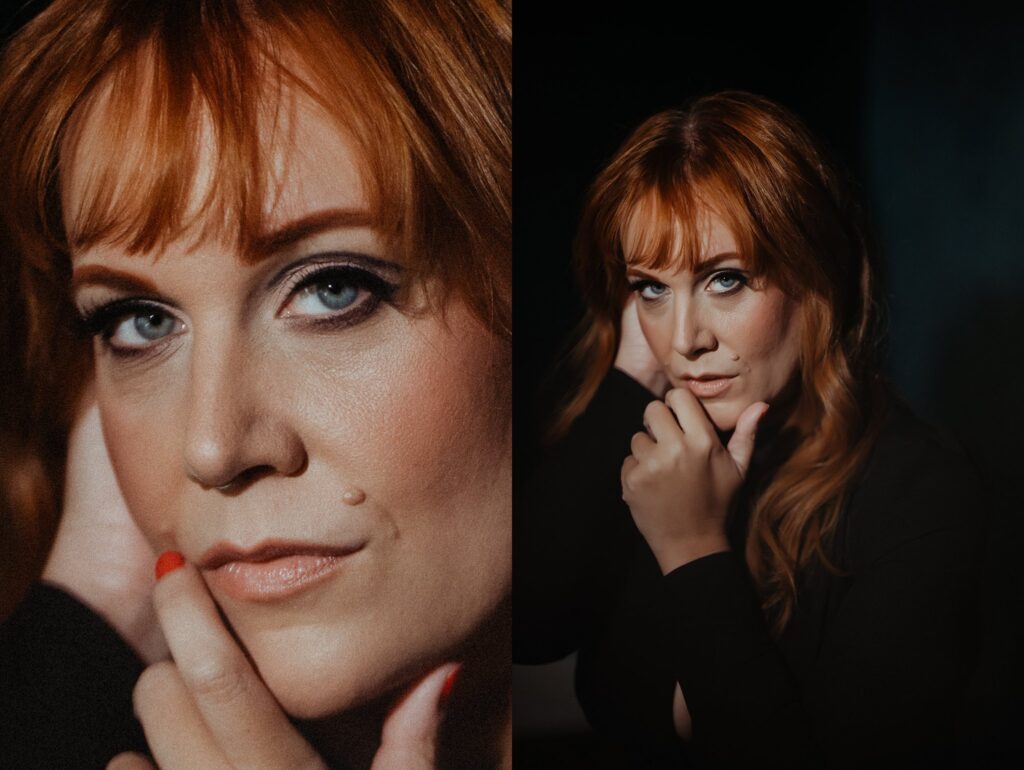 A woman with red hair and blue eyes poses with her hand near her mouth. The left side is a close-up of her face, while the right shows a creative portrait by a Nashville creative portrait photographer in a black outfit against a dark background.