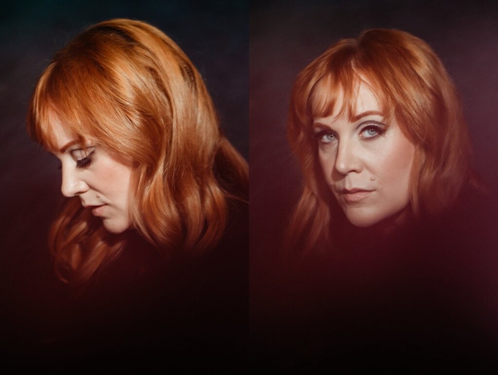 Side-by-side portraits by a Nashville creative portrait photographer show a woman with long, wavy red hair—looking down in profile on the left and facing the camera with a soft, serious expression on the right. Both images have a gentle, soft-focus effect.