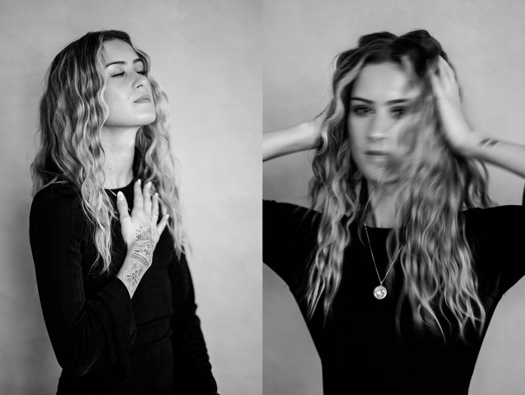 Black-and-white diptych by a Nashville creative portrait photographer: a woman with long wavy hair stands, eyes closed and hand on her chest; on the right, she’s blurred, hands in her hair, suggesting movement or emotion.