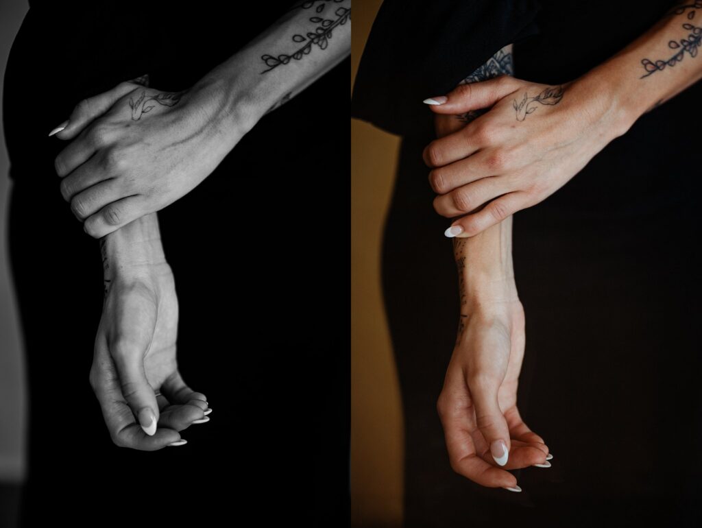 Split image by a Nashville creative portrait photographer shows tattooed hands clasping a wrist; left side in black and white, right side in color. Both feature long fingernails, minimalistic tattoos, and a dark background.