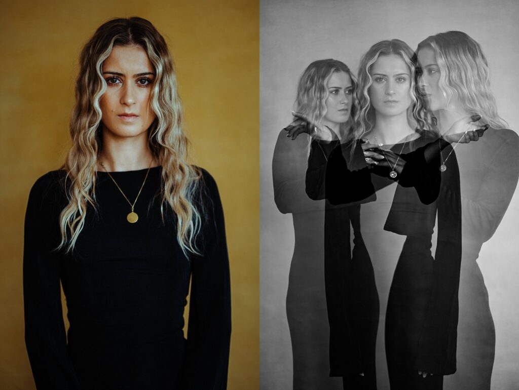 A woman with long wavy blonde hair in a black dress stands against a yellow background. Beside her, a black and white image shows multiple overlapping versions of her in different poses—a signature style from this Nashville creative portrait photographer.