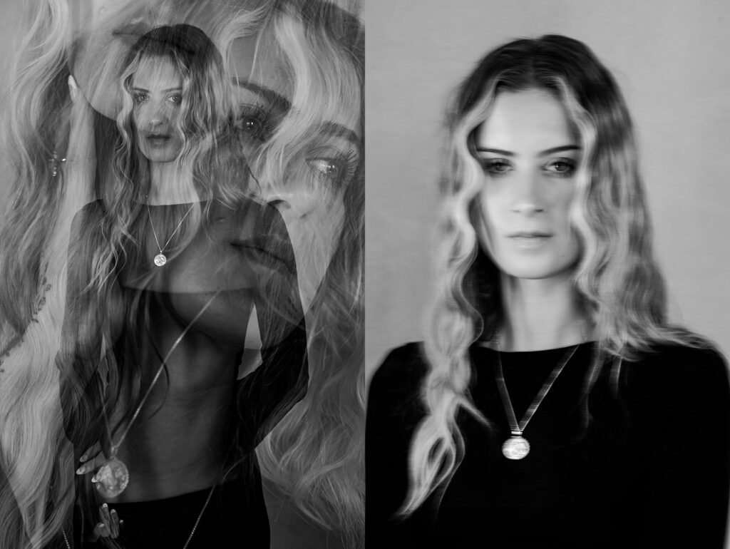 Black and white photo by a Nashville creative portrait photographer: a woman with long wavy hair, black top, and necklaces. The image is split—overlapping blurred versions on the left, with a clearer portrait on the right.