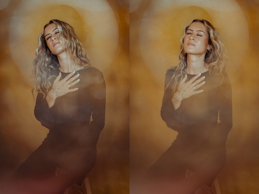 A woman with wavy hair in a black dress sits on a stool, eyes closed and hand on her chest, surrounded by soft, warm yellow and brown light—captured in two side-by-side frames by a Nashville creative portrait photographer.