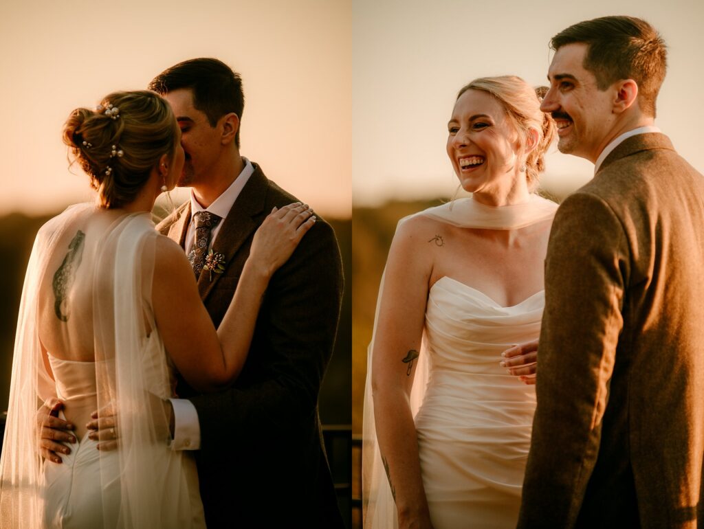 A bride and groom share an intimate moment outdoors at sunset. Captured by a Nashville wedding photographer, they embrace closely in one image and stand side by side, laughing together in the warm, golden light.