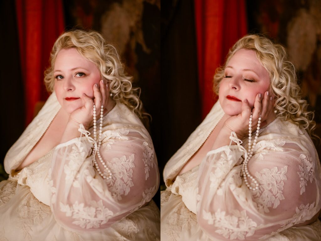 A woman with curly blonde hair in a lacy white gown holds a string of pearls, posing with her hand on her cheek. Captured by a Nashville creative portrait photographer, her eyes are open in one image and closed in the other.