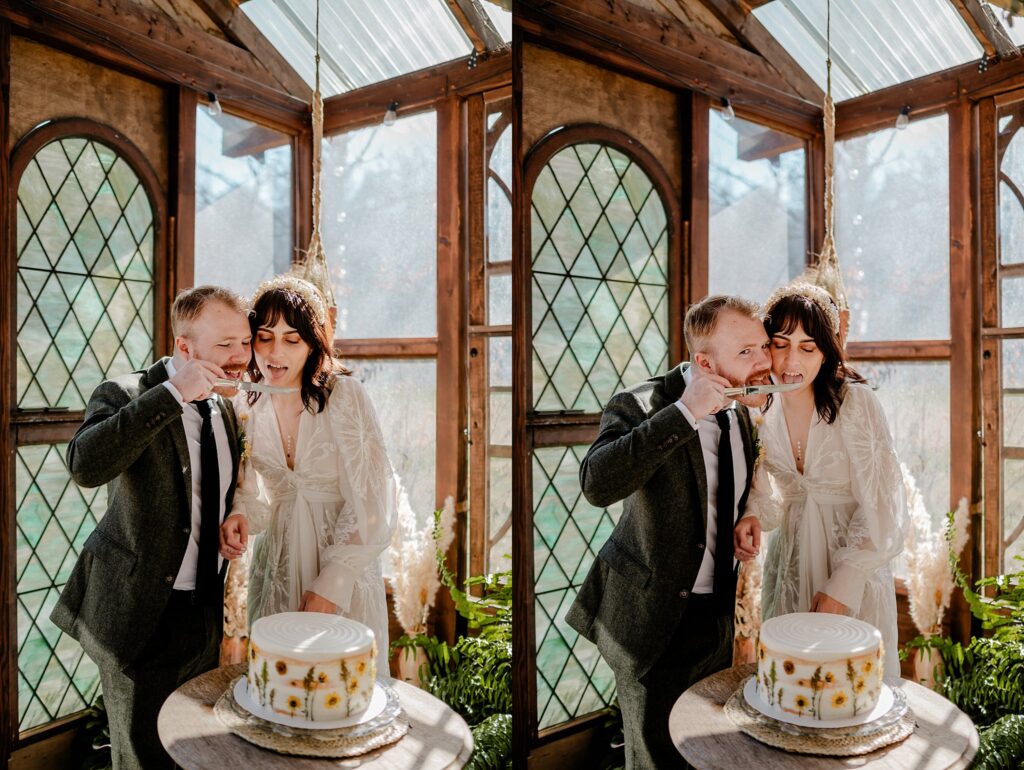 A couple in wedding attire stands in a sunlit room, smiling as they share a slice of cake together. Captured by a Nashville wedding photographer, the bright, cheerful scene features a decorated cake and appears duplicated side by side.