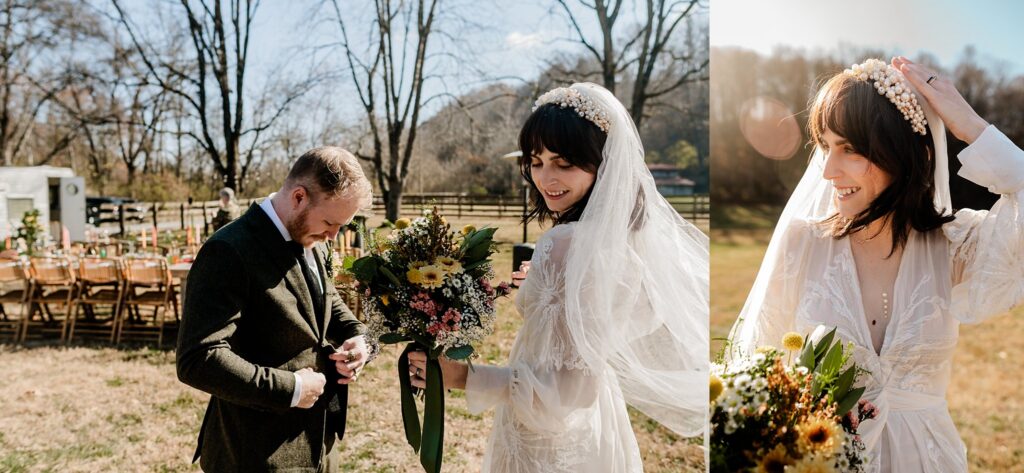 A bride in a white lace dress and veil holds a bouquet, smiling outdoors with her groom. Wooden chairs and tables are set up behind them on a sunny day in a rustic setting, perfectly captured by a Nashville wedding photographer.