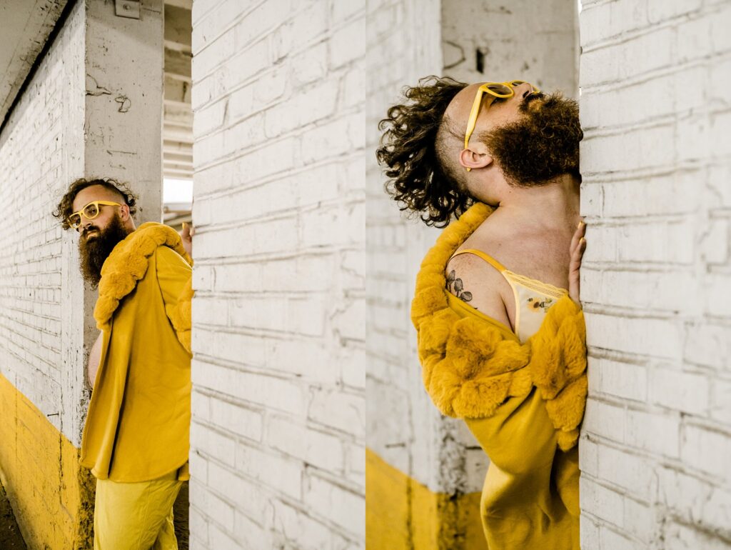 A bearded person with curly hair, wearing yellow sunglasses and a yellow fur coat, poses against a white brick wall with yellow accents. Captured by a Nashville creative portrait photographer, each split image shows striking character and bold style.