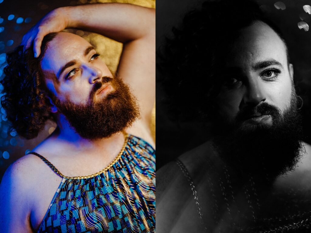 Split image: On the left, a bearded person in a patterned dress poses with a hand on their head, bathed in blue light. On the right, Nashville creative portrait photographer captures the same person in black and white, gazing at the camera.