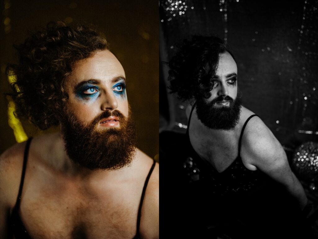 Side-by-side portraits by a Nashville creative portrait photographer: a bearded person with curly hair, bold blue eye makeup, and a black outfit. The left is in color; the right is black and white with a glittery background.