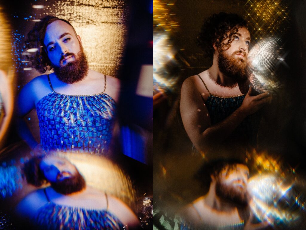 Two artistic portraits by a Nashville creative portrait photographer show a bearded person in a patterned dress, surrounded by prism light effects and holding a reflective, textured sphere for a dreamy, colorful atmosphere.